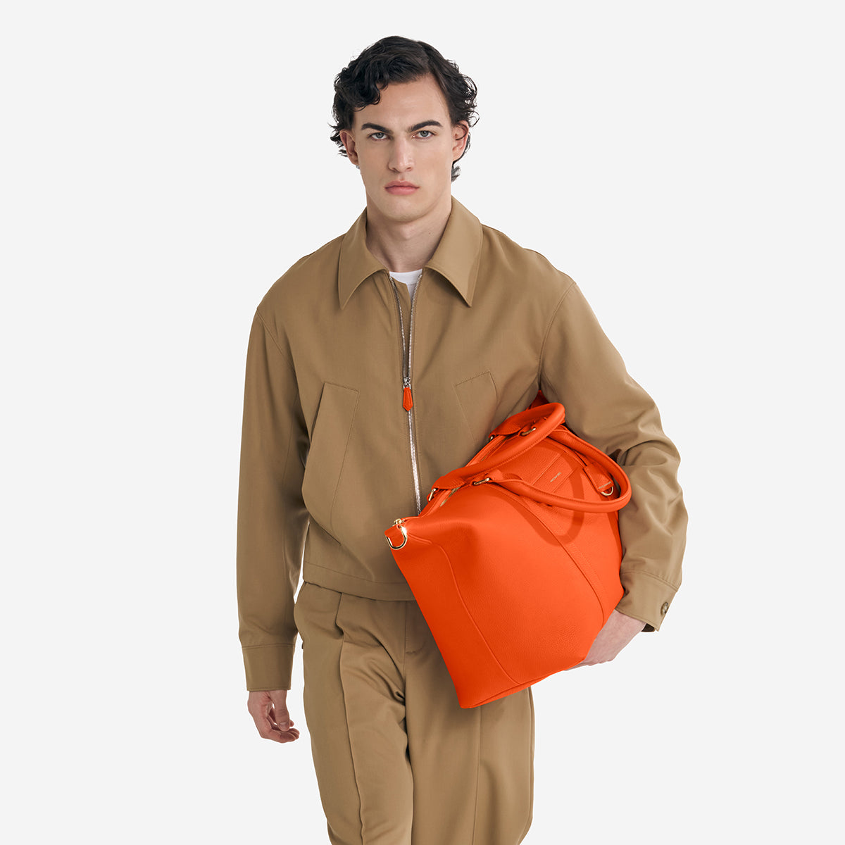 orange dress bag Women's Outfit: Orange Chiffon Maxi Dress, Beige Leather Heeled Sandals, Red Leather Crossbody Bag, Gold Bracelet